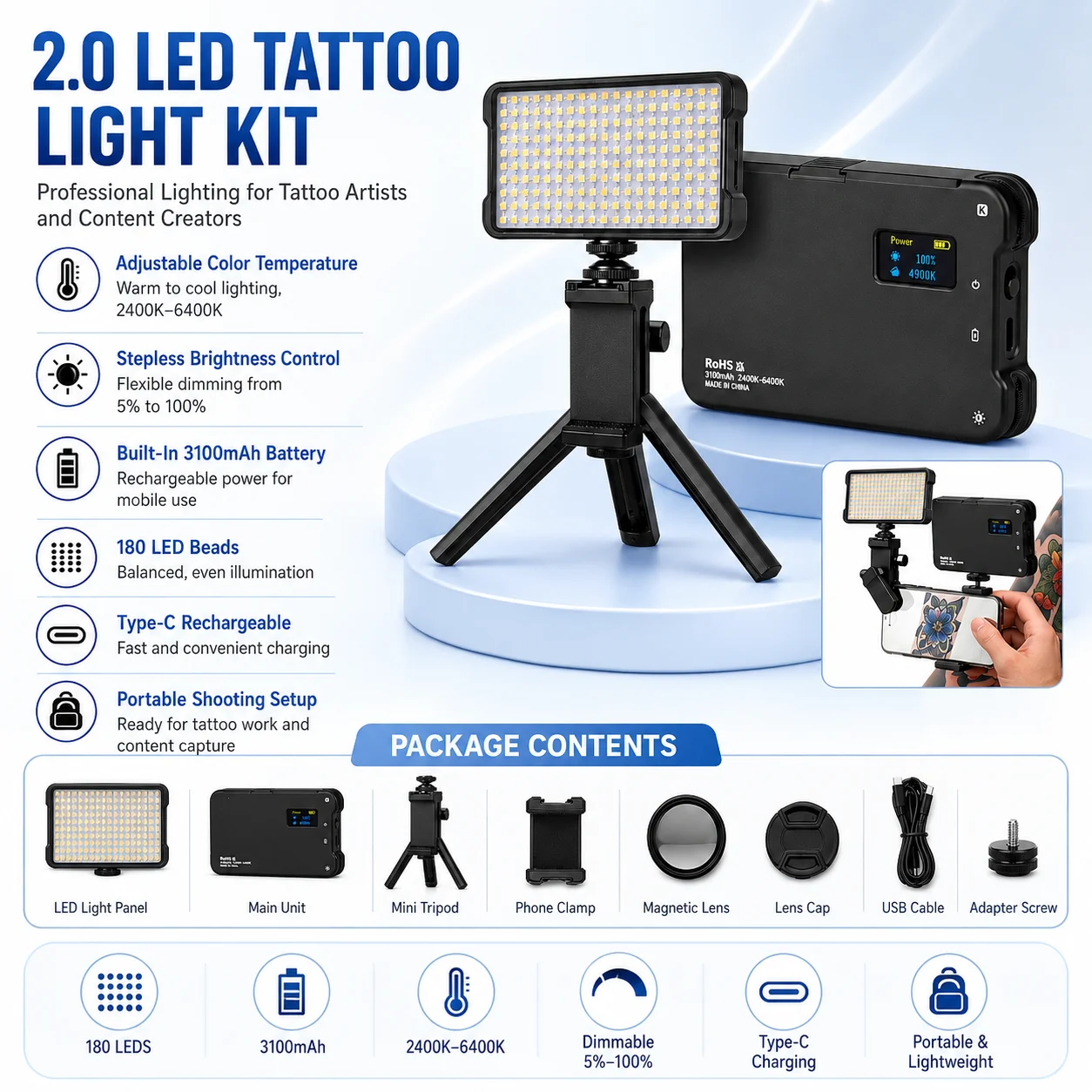 LED Tattoo Light Kit 180 LEDs Adjustable Brightness Color Temperature Fill Light with Tripod Phone Holder