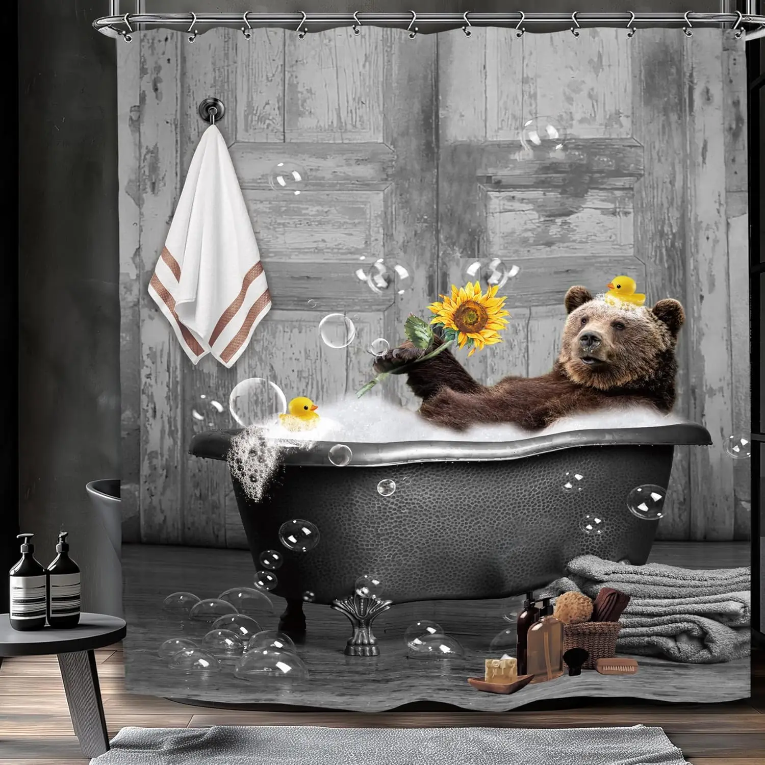 Bear Funny Bathroom Shower Curtain Farmhouse Wood Wooden Vintage Rustic Farmhouse Cabin Animal Polyester Fabric 12 Plastic