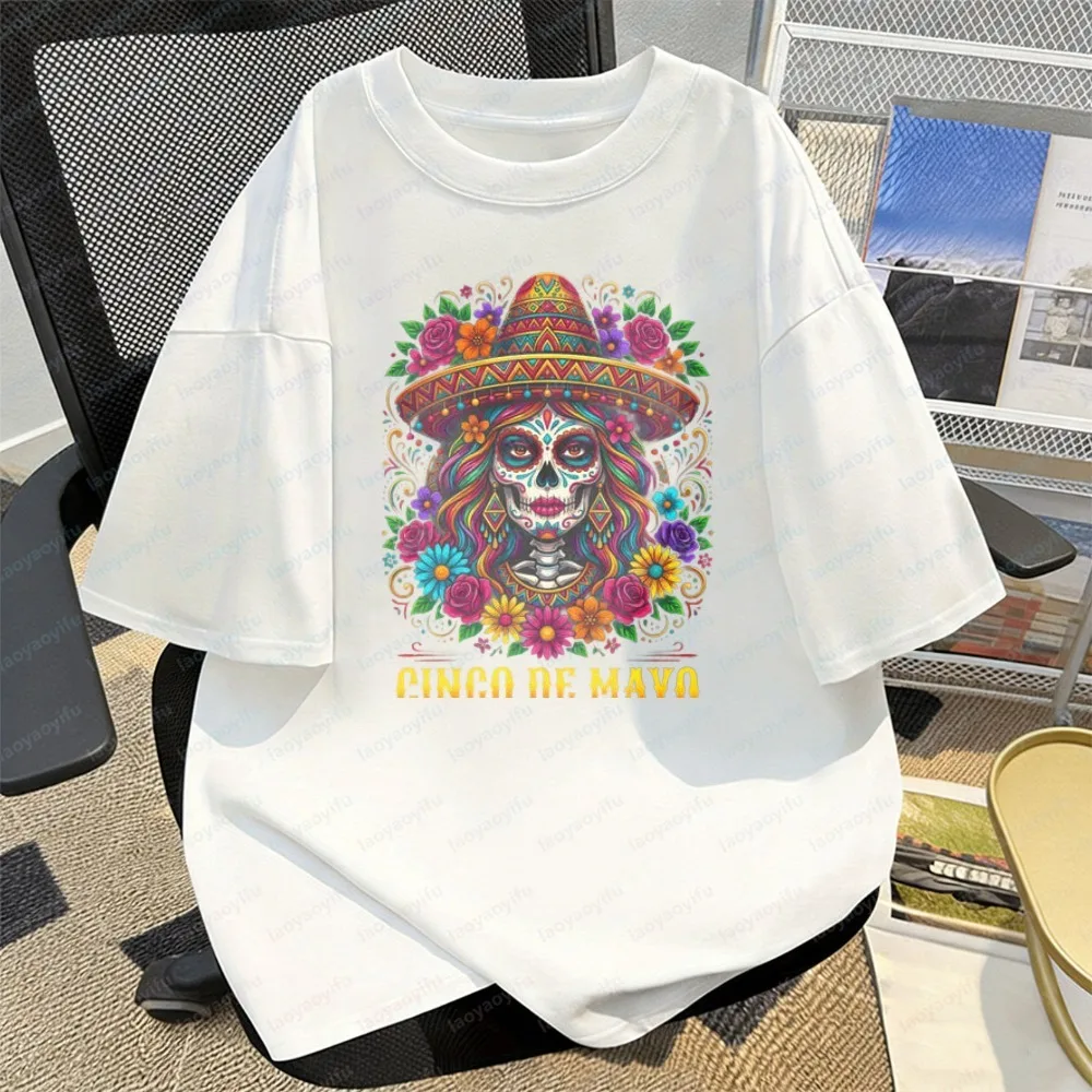 Cinco De Mayo Art Cotton Tee Sugar Skull & Sombrero Statement T-Shirt Mexican Fiesta Art Streetwear Fashion Clothes for Women