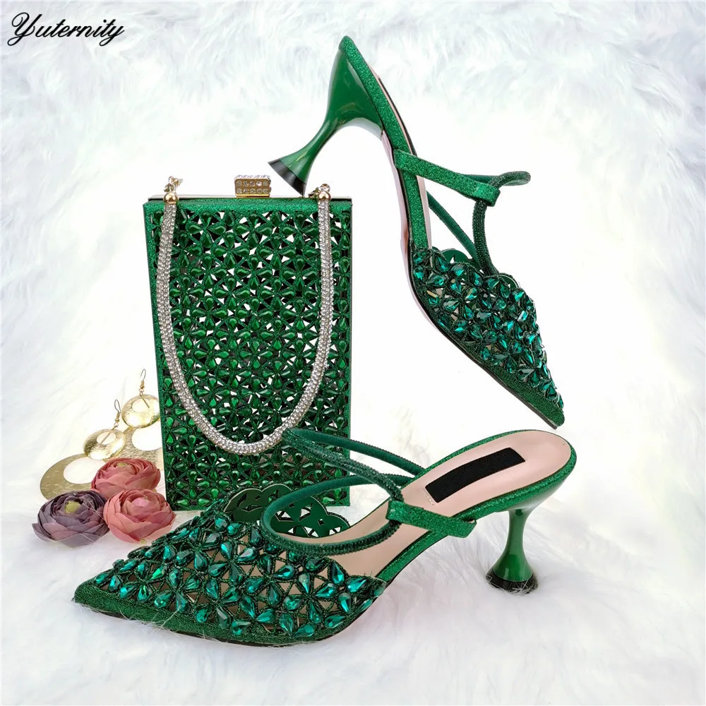 

Hot Selling Italian High Heels Ladies Sandal Shoes And Bag Set African PU With Crystal Woman Pumps Shoes And Bag Set For Party