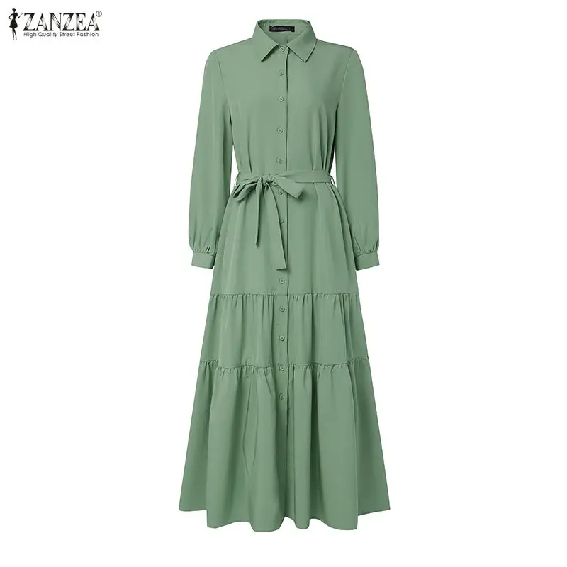 

Женское длинное платье ZANZEA 2026 весна, мусульманское платье-абайя, элегантное платье с отложным воротником и длинными рукавами, рабочее платье, роба для Рамадана, хиджаб, Vestido