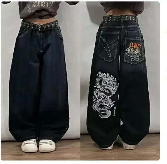 Nieuwe Amerikaanse Harajuku Retro Y 2K Oversized Losse Jeans Antarctische Mode Vleugel Patroon Nieuwe Gotische Hoge Taille Wijde Pijpen Broek