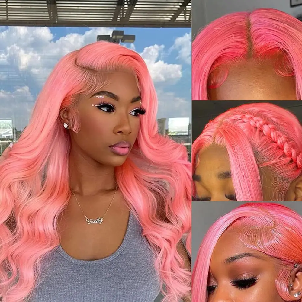 

30 inch 13x4 Pink Lace Front Wig Body Wave 13x6 Transparent Lace Frontal Wig Body Wave Human Hair Wig Rose Red Colored Wigs