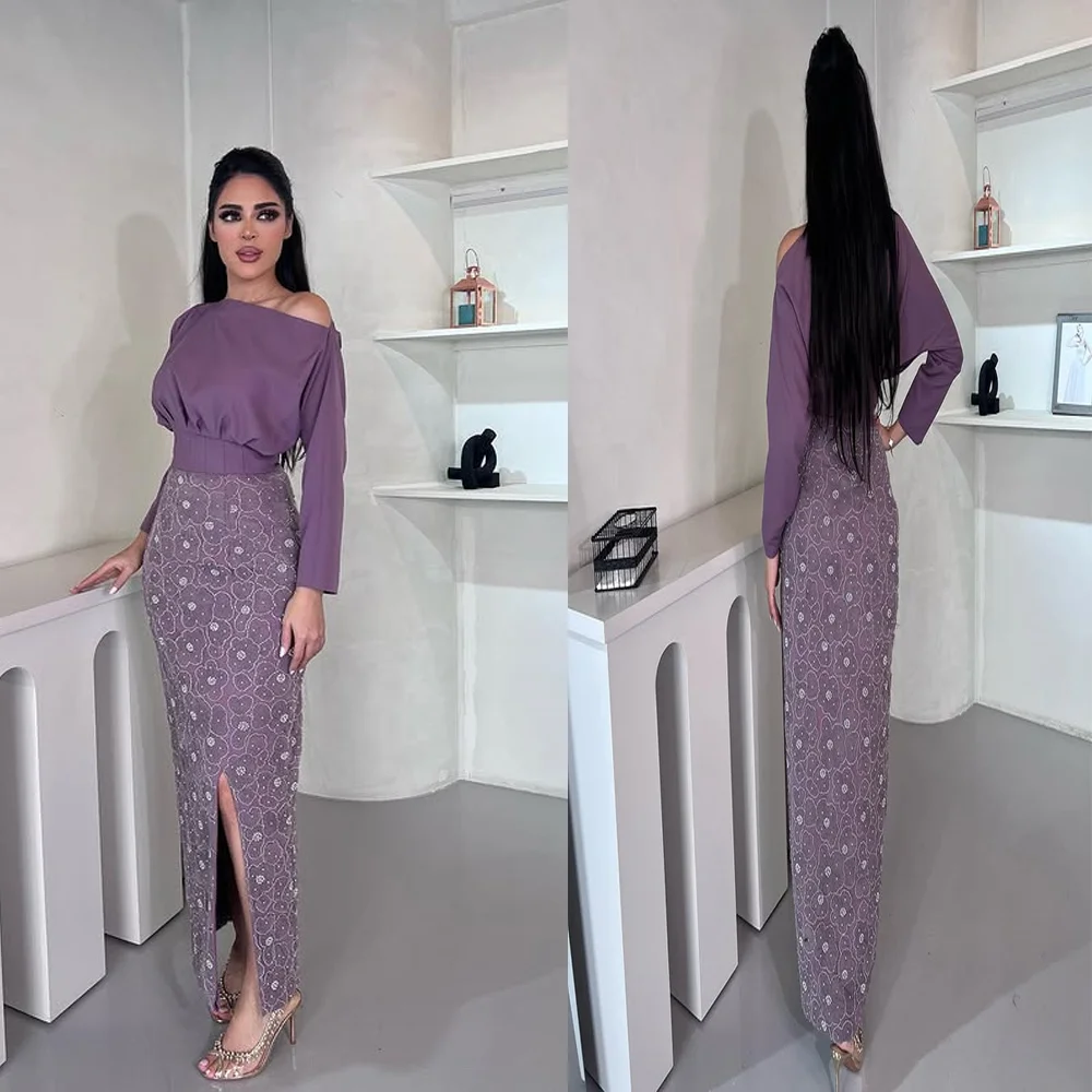 Потрясающее атласное плиссированное вечернее платье в Саудовской Аравии с длинными рукавами и цветочным кружевом длиной до щиколотки, платье для выпускного вечера с разрезом на заказ