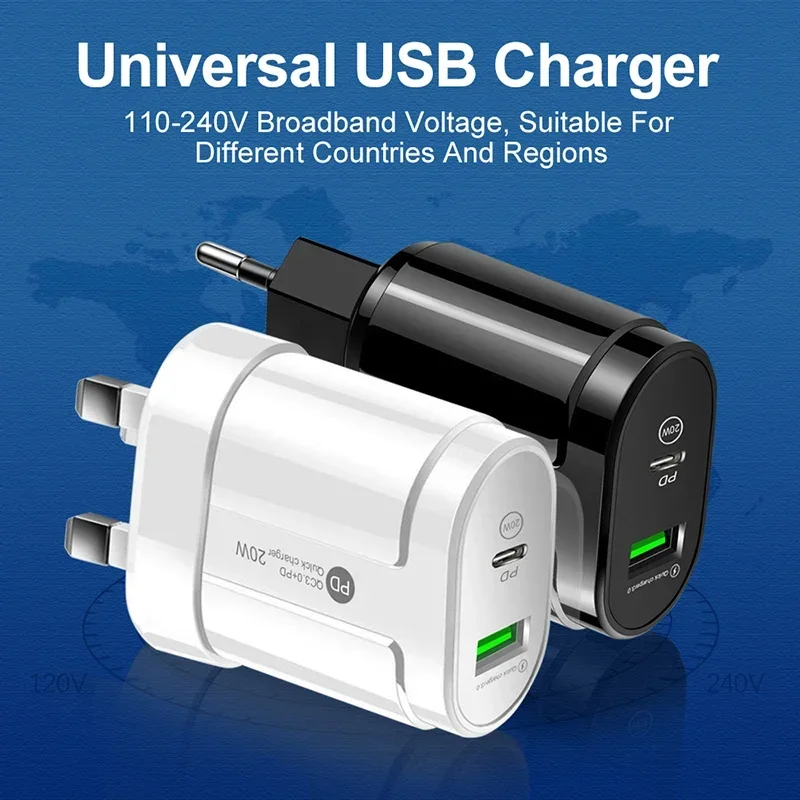 PD20W QC 3.0 Fast Chargerr Universal Wall Mount USB C Adapter Phone Charger for IPhone 14 Samsung Xiaomi Huawei EU US UK Plug