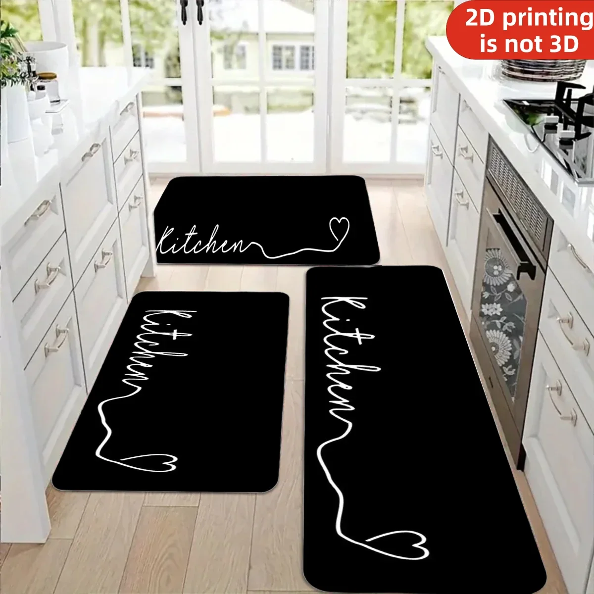 100% Polyester  Minimalist Black Background Kitchen Heart-Themed Exclusive Style Kitchen Mat, Non-Slip, Soft, Comfortable, Sim