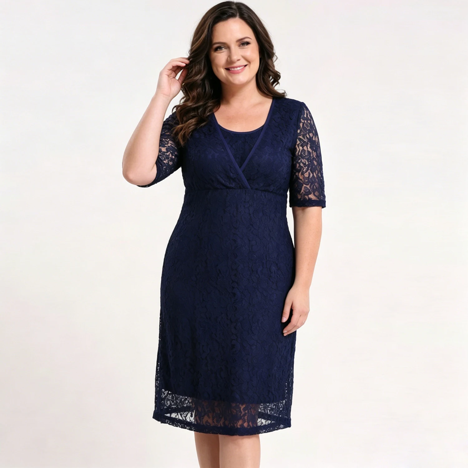 Floral Lace Nursing Maternity Dress 3/4 Sleeve V Neck Cross Lift Feeding Plus Size Slim Pregnant Women Formal Midi Gown
