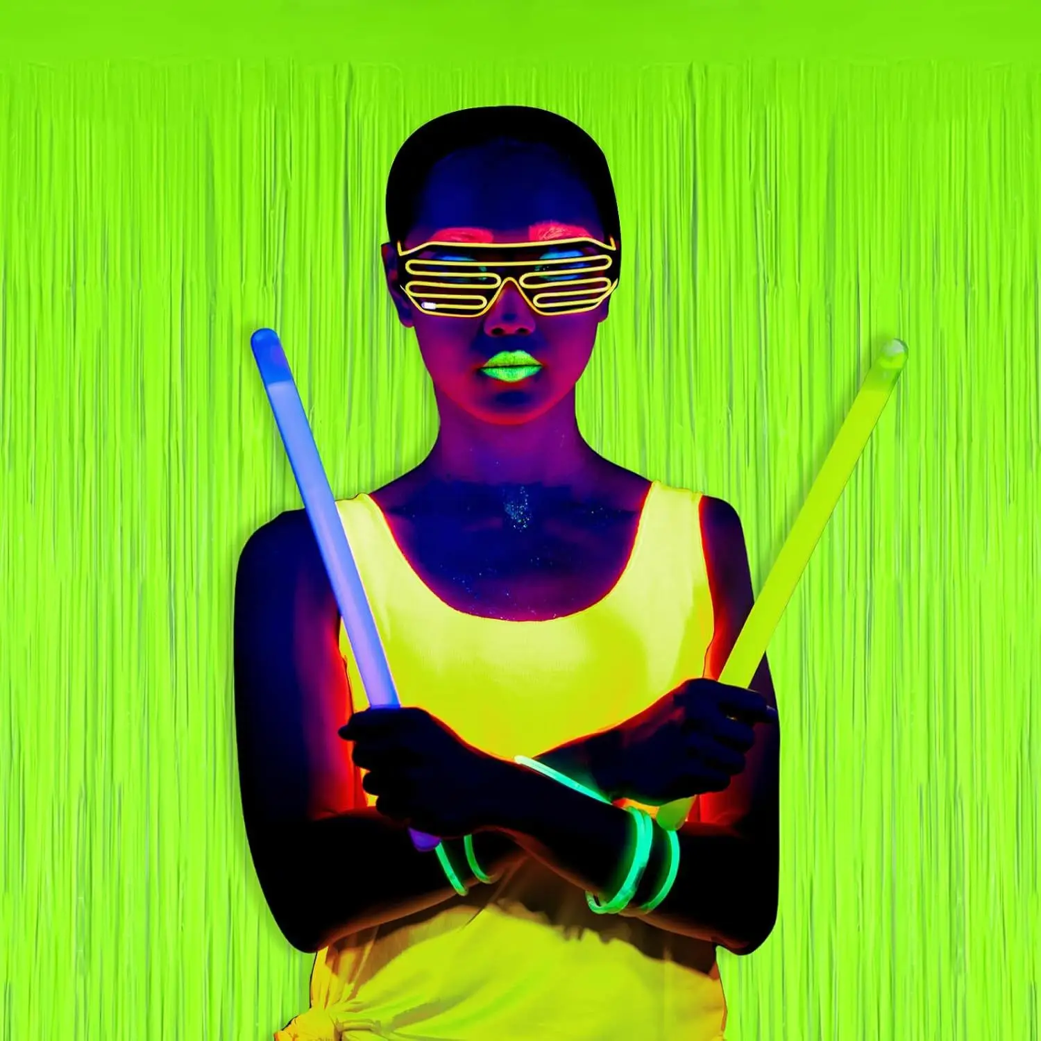 الفلورسنت معكرون برتقالي أصفر وردي أزرق أخضر المطر الستائر هامش الستائر ضوء الليل الفلورسنت لوازم ديكور الحفلات #4