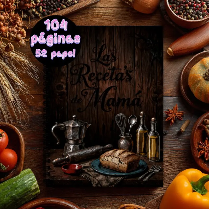 Cuaderno de recetas en español A5, Libro de recetas, con capacidad para hasta 100 recetas, Cuaderno de cocina con temática 'Las Recetas de Mamá'