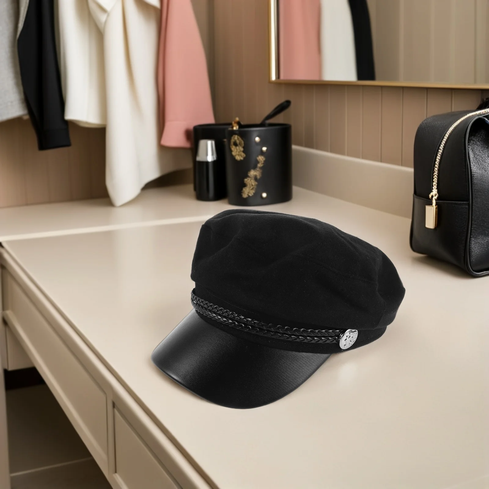 

Women Black Wool Beret Hat 8 Panel Flat Top British Vintage Style Casual Autumn Winter Fashionable Retro Street Cap