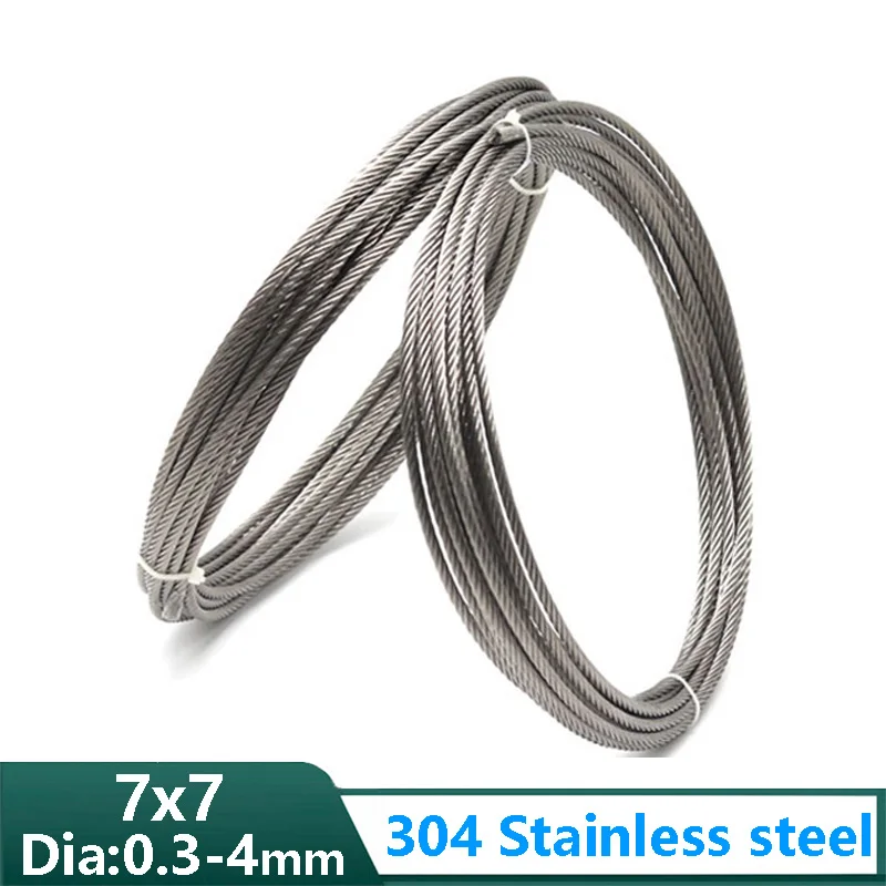 

2/5/10/20/50/100M Dia 0.3-4mm 7X7 Structure Multipurpose 304 Stainless Wire Rope Softer Non Rusting Fishing Lifting Cable