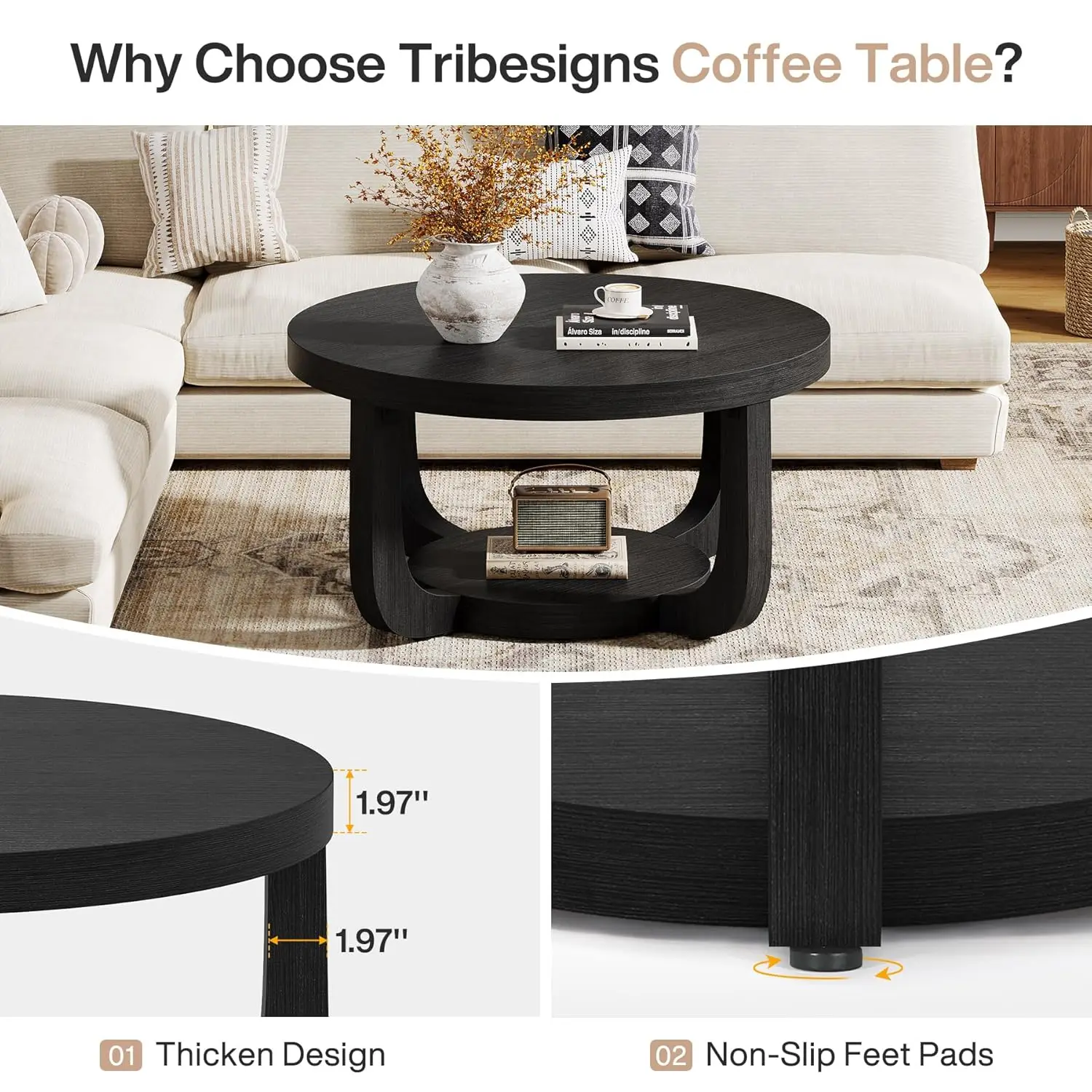 Mesa de Café Redonda, Mesa de Café Circular de 2 Níveis com Armazenamento, Mesa de Centro Moderna de Madeira para Sala de Estar, Personalizada