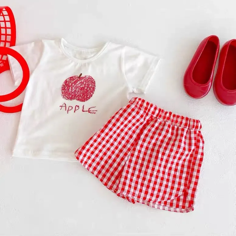 Fashion 2pcs Baby Girl\'s Short Sleeve Suit Fruit Print Sets Kids T-shirts +shorts Plaid Clothing Toddler Princess Girl Outfits