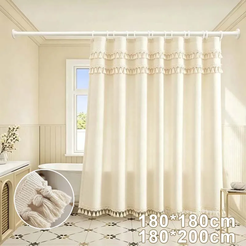 1PC Premium Boho Tassel Shower Curtain Linen Feel Waterproof Drape Dustproof Quick Dry Fabric Minimalist Curtains for Shower/Tub