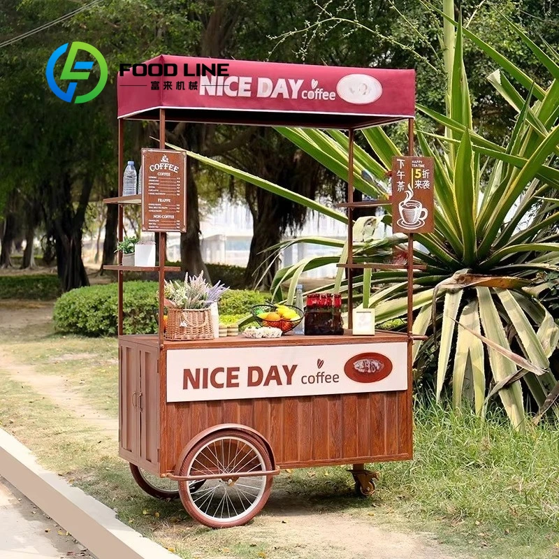 Customized Vintage Mobile Coffee Emporium Pedal Cart Hand Push Bicycle Cart for Coffee Business Cuisine Experience