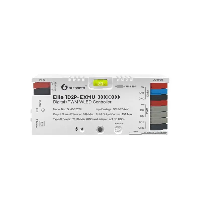GLEDOPTO WLED Controller Elite 1D2P-EXMU GL-C-620WL Built-In Relay Fuse Ethernet For Digital RGBIC PWM Single Color LED Strips