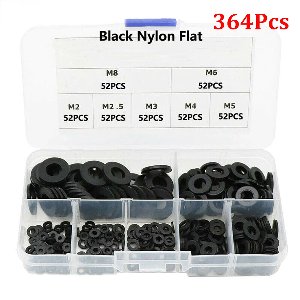 Washer Durable  Black Nylon Rubber 364pcs/Set Flat Ring Repair Washer Gasket Comes with A Plastic Box For Metric M2-M8