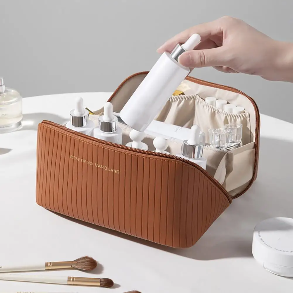 Bolsa de higiene pessoal para viagem, bolsa cosmética à prova d'água de couro sintético, grande capacidade, multicompartimento, bolsa de maquiagem com alça, estojo cosmético