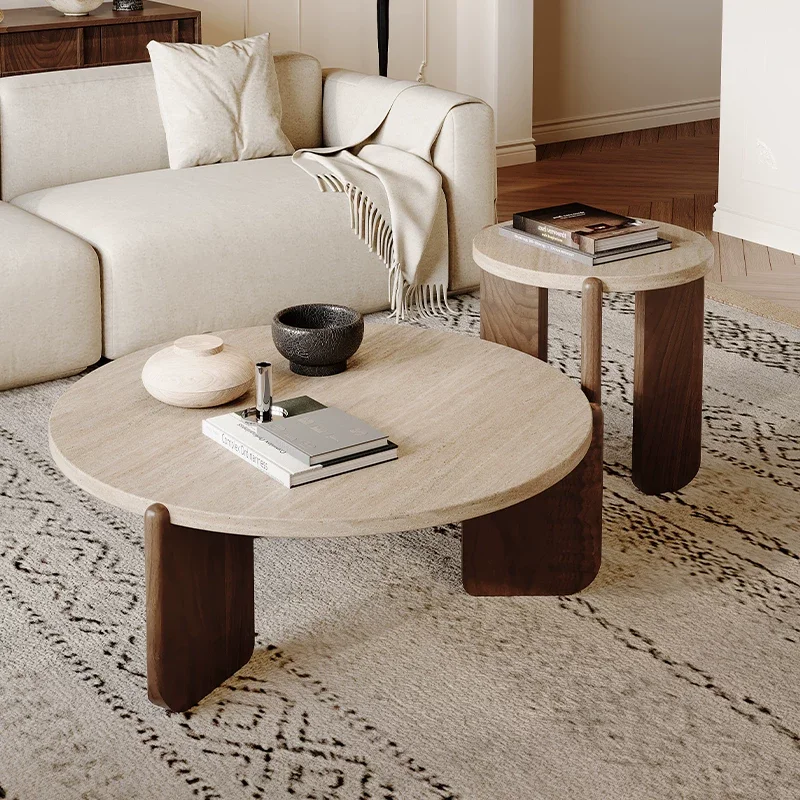 

Modern wooden coffee table Solid wood round marble desktop Home living room coffee table