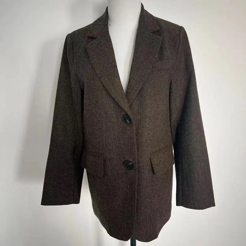 UNXX 2023 Spring Autumn New Style Women\'s Dark Brown Woolen Suit Jacket Fashionable Retro Textured Small