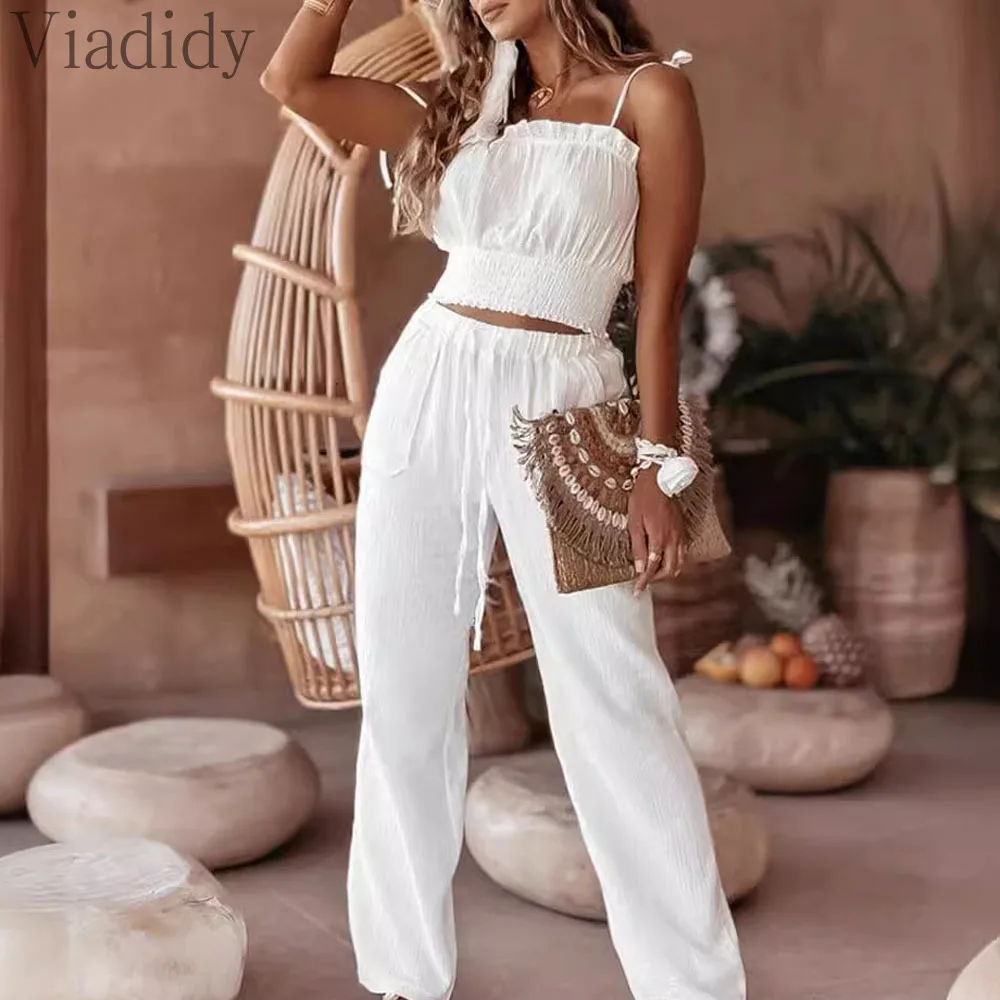 Women Casual Solid Color Spaghetti Strap Camisole Top and High Waist Straight Leg Pants 2pcs Set