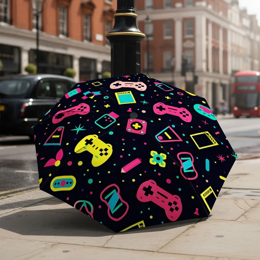 1P C Playful Gaming Pattern Umbrella in Vibrant Colors Print 8 Iron Ribs Folding Umbrella Auto-Open Fashion Sunshade