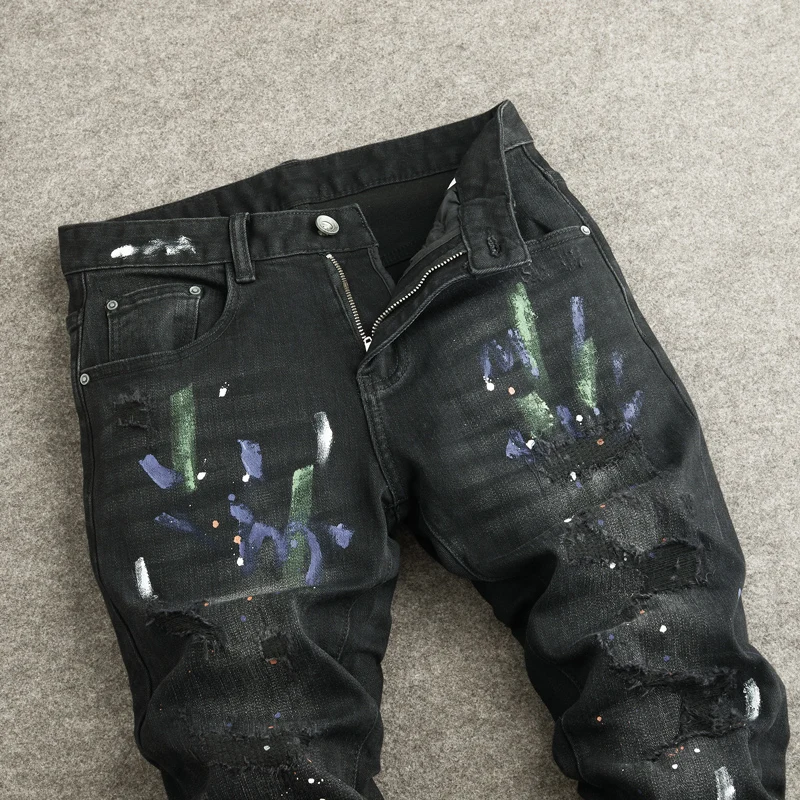 

Y2K Street Designer Fashion Men Jeans Retro Black Gray Stretch Slim Fit Painted Ripped Jeans Men Hip Hop Vintage Denim Pants