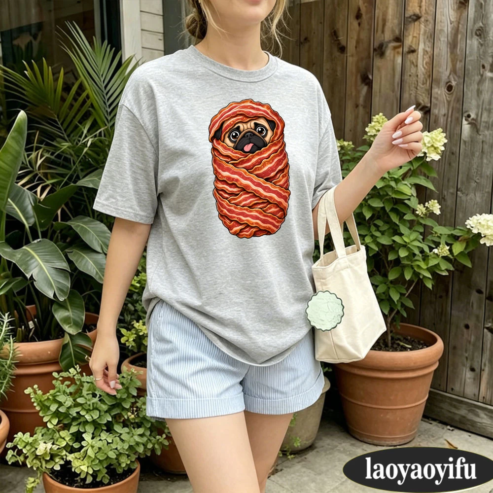Bacon Wrapped Pug Dog Funny Cartoon Graphic Women T-shirt Summer Casual Fashion Cotton Short Sleeve Unisex Y2K Daily Basic Tee