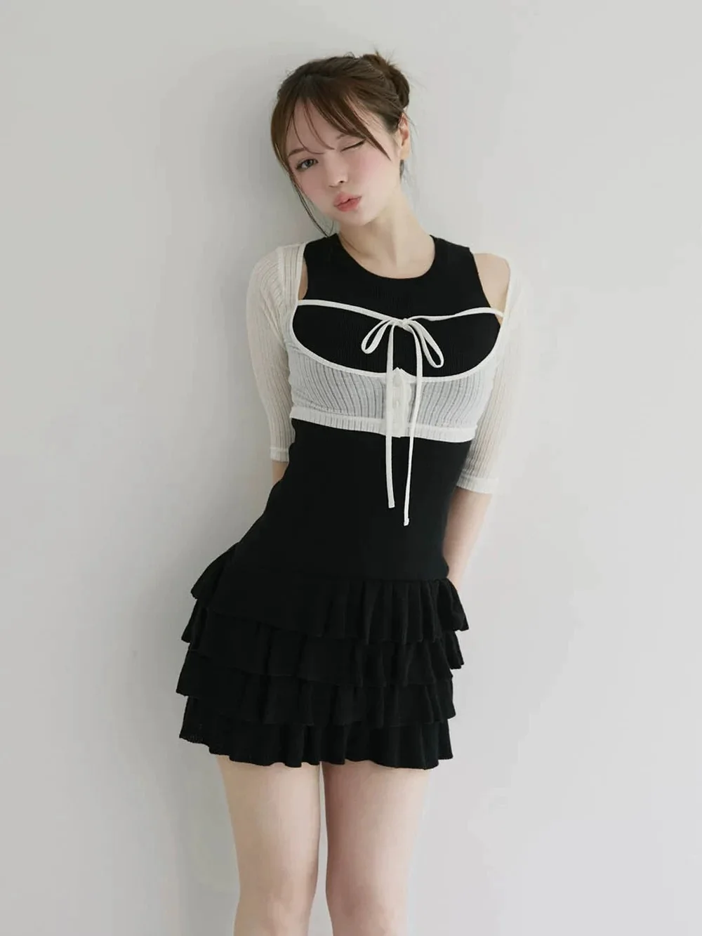 Japanese Sweet Lolita Two-piece Set Elegant Solid Color Casual Versatile Cake Suspender Skirt Knitted Half-sleeved Blouse Top