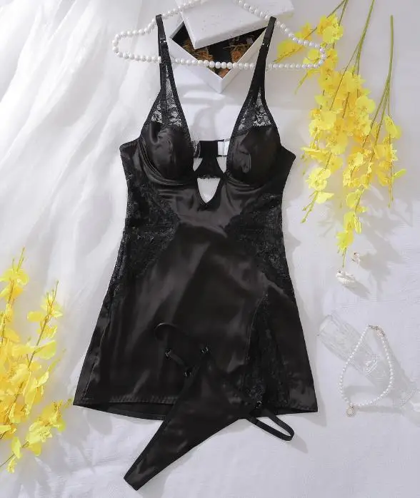 

Sexy Lace Patchwork Women Lingerie Sets Chest Hollow Out Sleeveless Sleep Dress with Thongs Female Exotic Sets Underwear