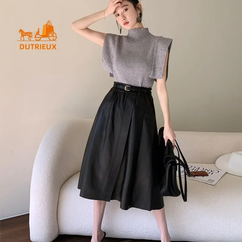 High-end 100% Sheepskin Skirt for Women, New Style Cowhide High Waist Mid-length Genuine Leather A-line Skirt for Work in Winter