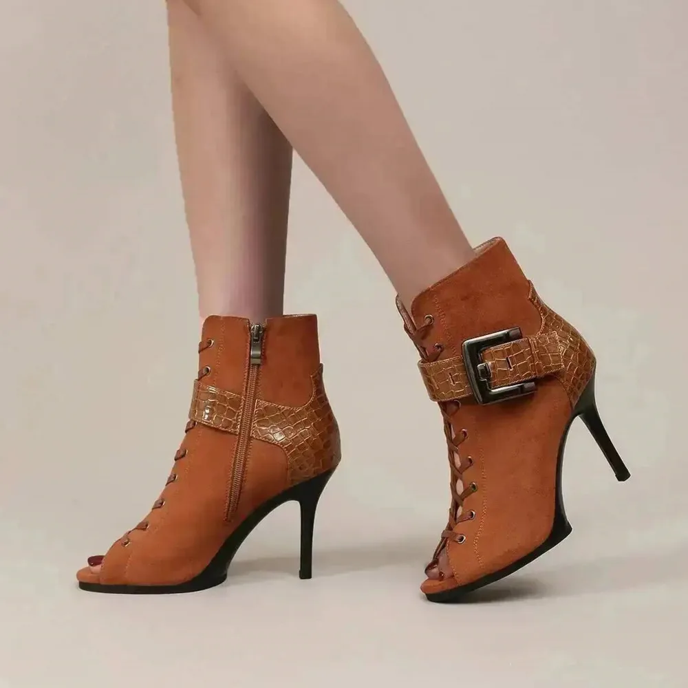 Women Peep Toe Stiletto High Heel Dance Ankle Boots Croc Buckle Strap Lace‑up Latin Salsa Dance Shoes Brown Nightclub Party Heel