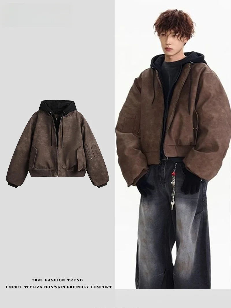 

LPLN Autumn Winter PU Leather Hooded Baseball Jaet Men's American Retro Loose Flight Jaet Top Youth Vitali Sle Zipper...