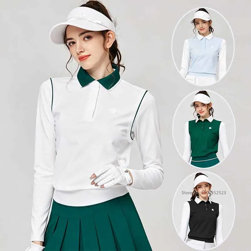 Blktee Golf Ladies Polo Shirts Long Sleeve Ice Silk Cooling Tops Fake Two Pieces Tennis T-Shirts Sunscreen Women Golf Clothing