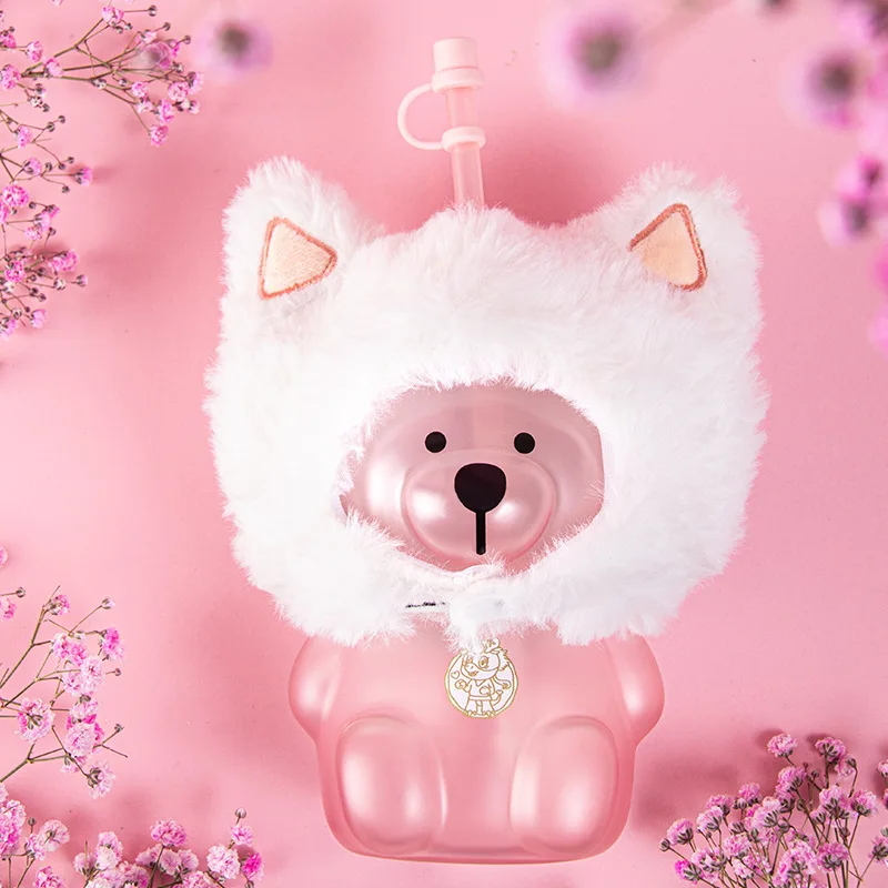 

Лидер продаж 2026 года, кавайная соломенная чашка с кошачьими ушками и медведем - стеклянная бутылка для воды с холодным напитком большой емкости, милая трансграничная горячая распродажа