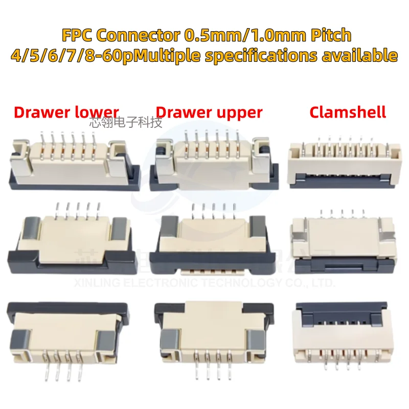 10pcs FPC Connector 0.5mm/1.0mm Pitch Drawer Type Upper/ Bottom Contact Type Socket 4/5/6/8/10P-60Pin FFC Flat Cable Socket