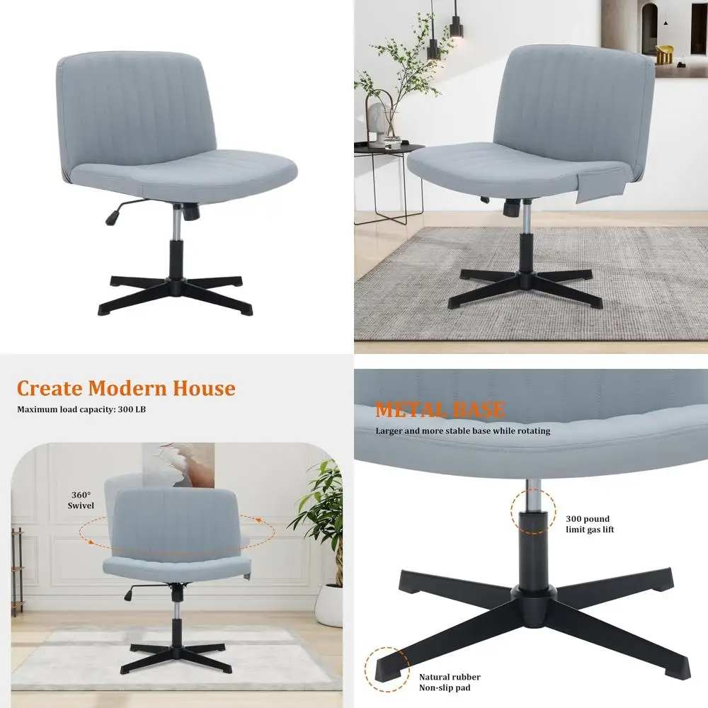 

Modern Grey Swivel Office Chair with Adjustable Height, Wide Seat, Armless Design, and Storage Bag