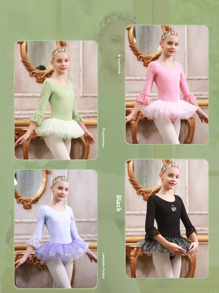 Traje de Práctica de Ballet para Niñas, Disfraz de Actuación con Falda, Material de Aodón, para Niñas Pequeñas