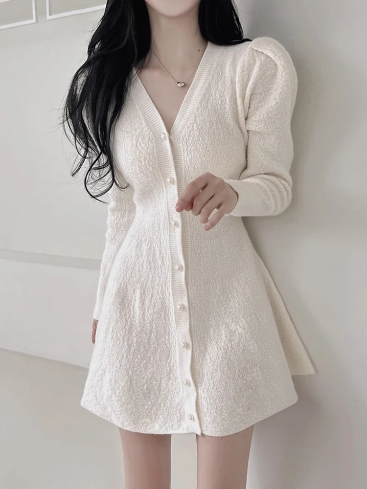 Vestido linha a de cintura alta, manga crida, decote em v, estilo coreano, camada base de emaecimento, vestido midi de c...