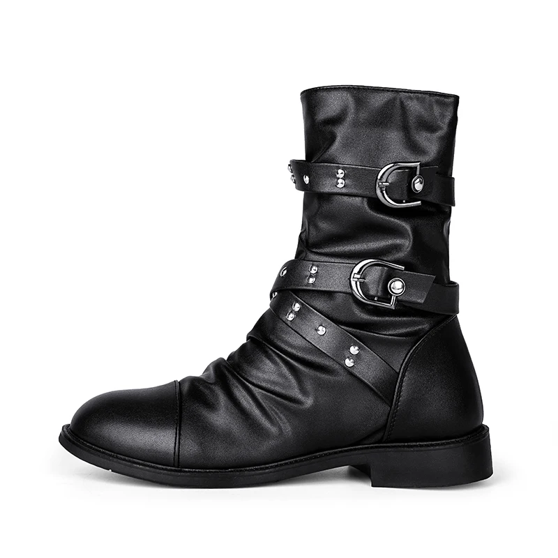 STRONGSHEN Men Fashion Motorcycle Boots Leather Boots Footwear High Top Casual Shoes Military Tactical Boots Gothic Punk Boots