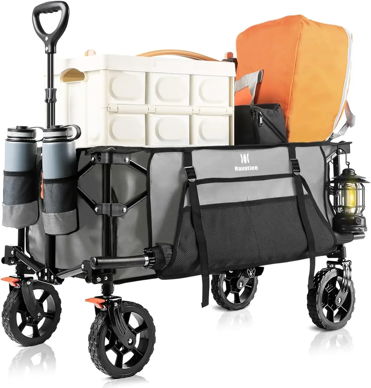 Collapsible Folding Wagon, Heavy Duty Utility Beach Wagon Cart with Side Pocket and Brakes