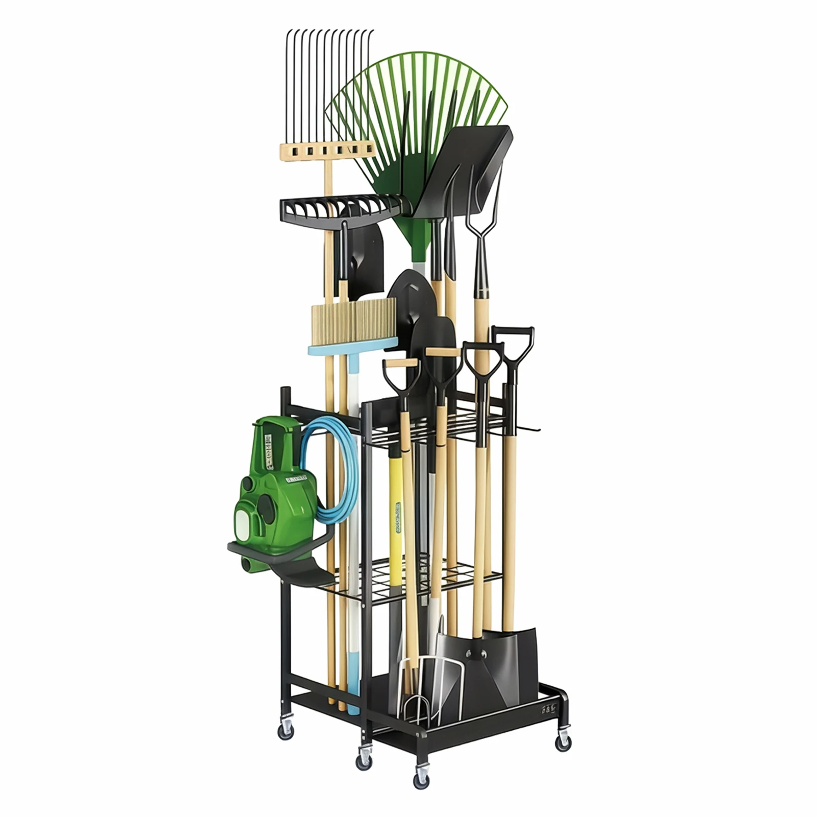 Garden Tool Organizer with Wheels, Broom Mop Shovel Rake Garage Shed Outdoor Tool Holder Yard Tool Tower Rack for Garage Storage