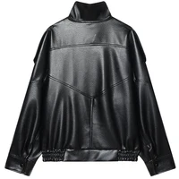 HXAO Faux Leather Black Jackets For Woman New Arrival Cropped Oversize Bomber Jacket Zip-Up Long Sleeve Coats Motorcycle Jackets 3