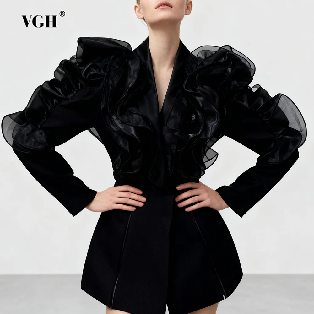 VGH Temperament Solid Slimming Spliced Ruffle Blazers For Women V Neck Long Sleeve Autumn Designer Party Jacket Female Fashion
