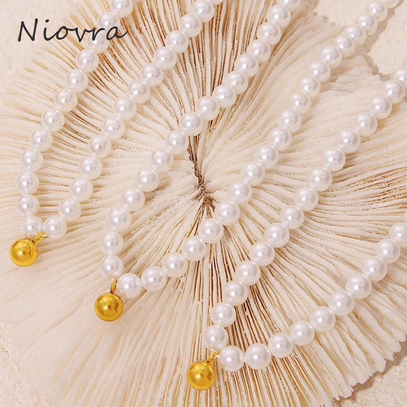 

Nivora Elegant Imitation Pearl Necklaces Bracelets For Women Stainless Steel Ball Pendant Strand Beads Women Fashion Jewelry Set