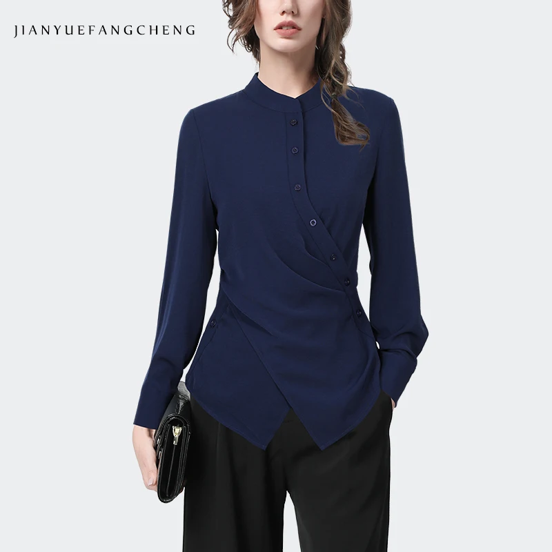 

Autumn Winter Women' Long Sleeve High Neck Blue Casual Shirt Elegant Chic Button-down Blouses Asymmetrical Working Fall Tops