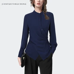 Autumn Winter Women' Long Sleeve High Neck Blue Casual Shirt Elegant Chic Button-down Blouses Asymmetrical Working Fall Tops