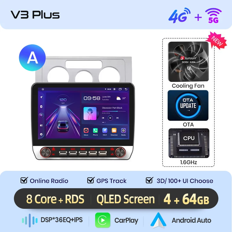 Junsun 13.1″ QLED Draadloze CarPlay Android Auto Autoradio Voor Volkswagen Touran 1 2003-2010 Intelligente Systemen DSP SWC RDS GPS