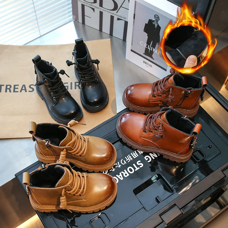 

Children's Autumn Winter New Fashion Boots Velvet Warm Ankle Girls Boys Soft Sole Non-slip Footwear Flats Size 26-36