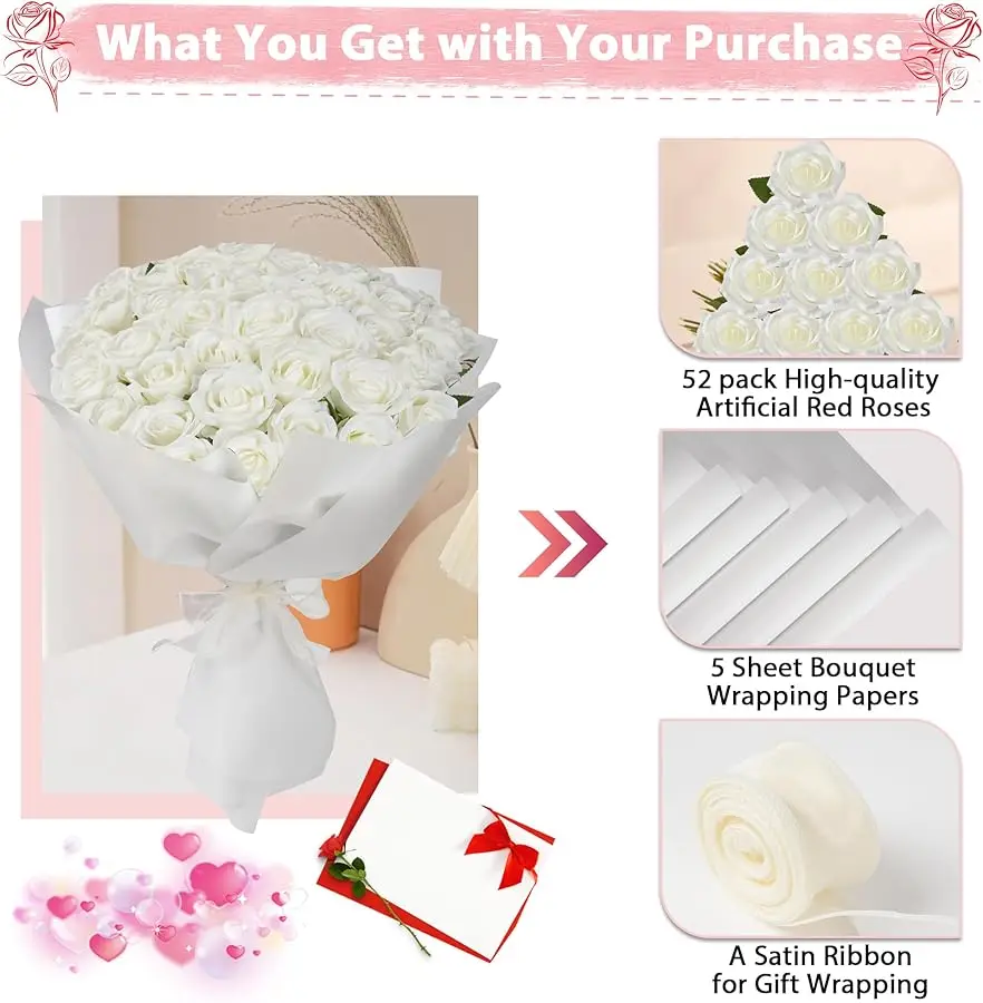 Roses blanches fleurs artificielles en vrac, 52 pièces d'arrangement floral de fausses roses, Bouquet de roses de fleurs en soie bricolage, fausse artificielle réaliste